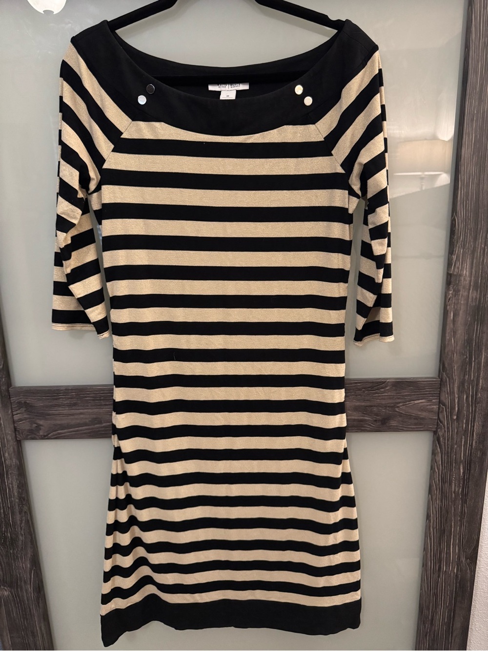 White House Black Market Black and Cream Striped Midi Dress